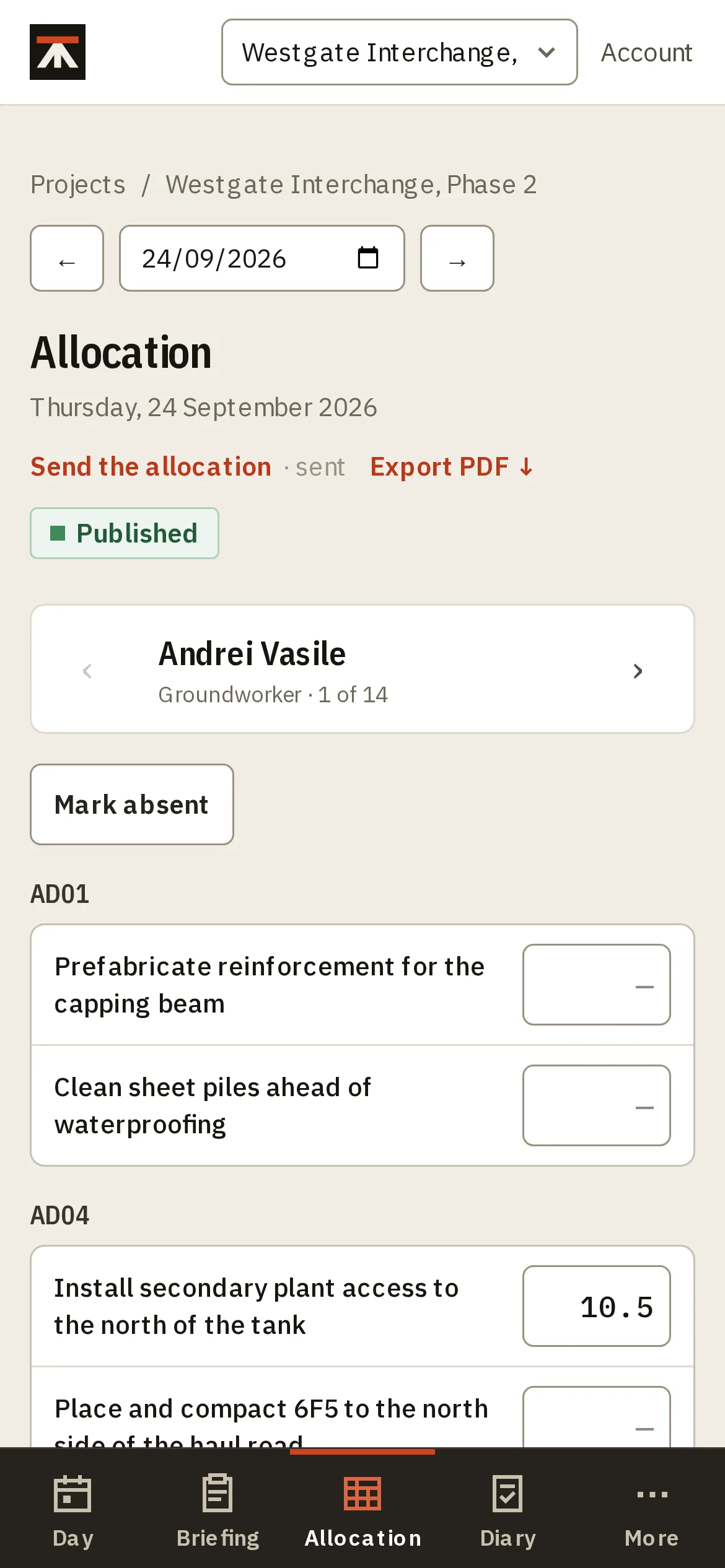 The allocation on a phone: one worker at a time, with their hours against each activity, and the project tab bar along the bottom.