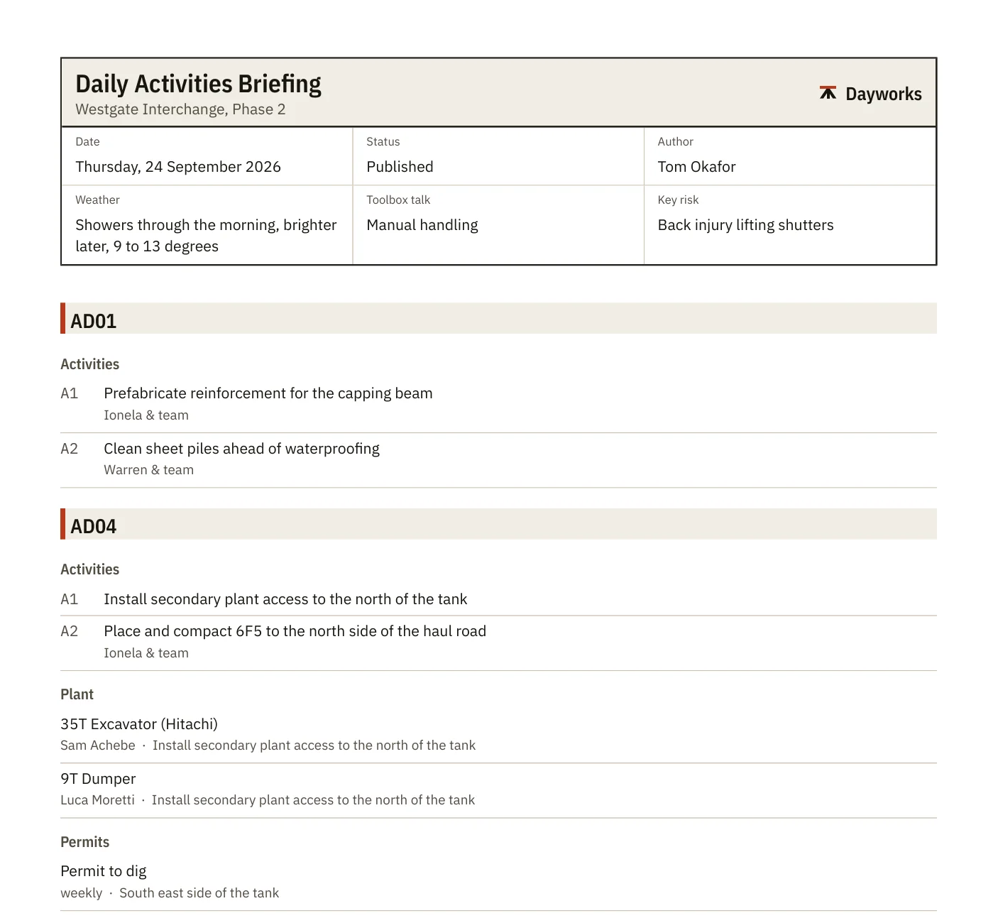 The daily activities briefing as a PDF sheet: date, weather, toolbox talk and key risk, then each area's activities and plant.