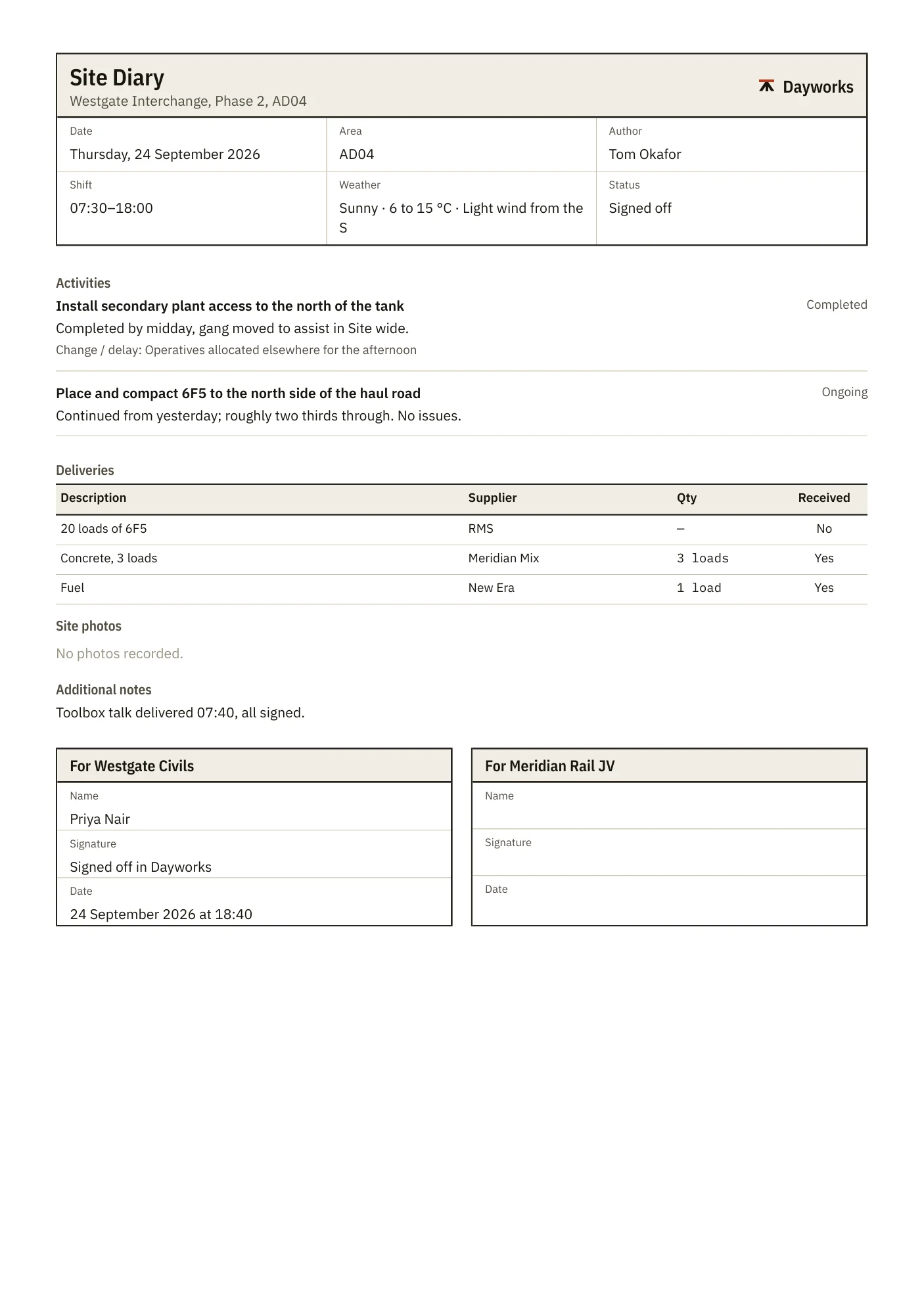 A signed-off site diary sheet as a PDF: activities, deliveries, notes and signature boxes for the contractor and the client.
