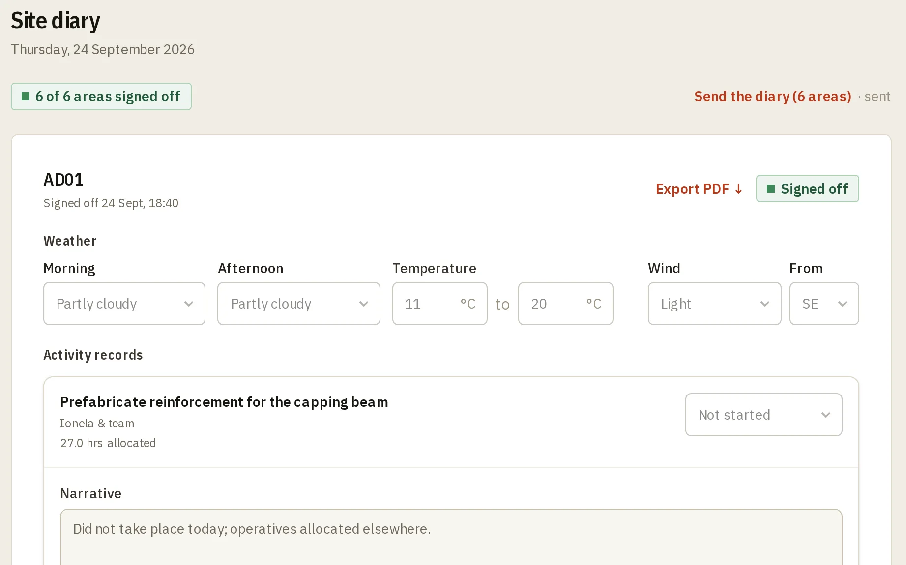 The site diary for one area, signed off at 18:40: the weather, then a record of each activity with what changed.