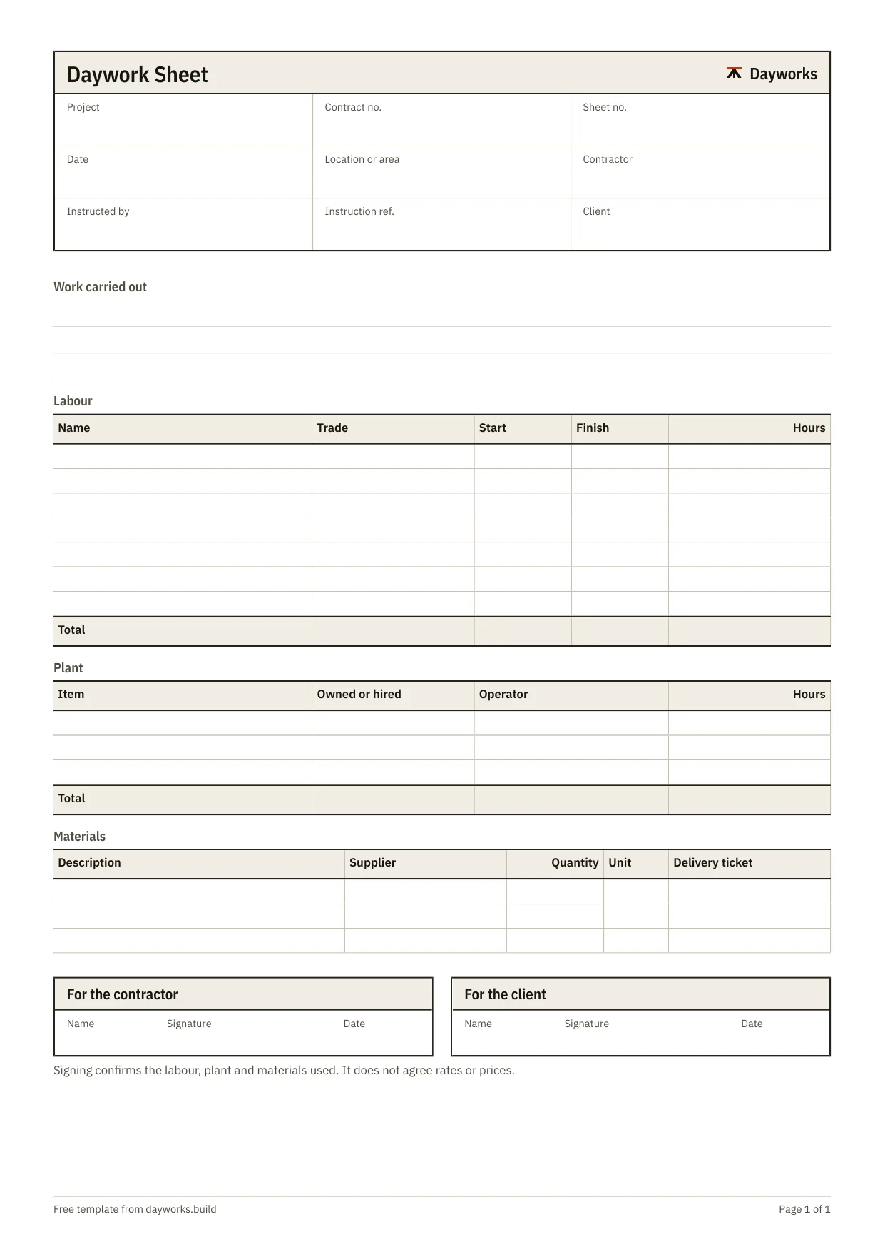 The blank daywork sheet template.
