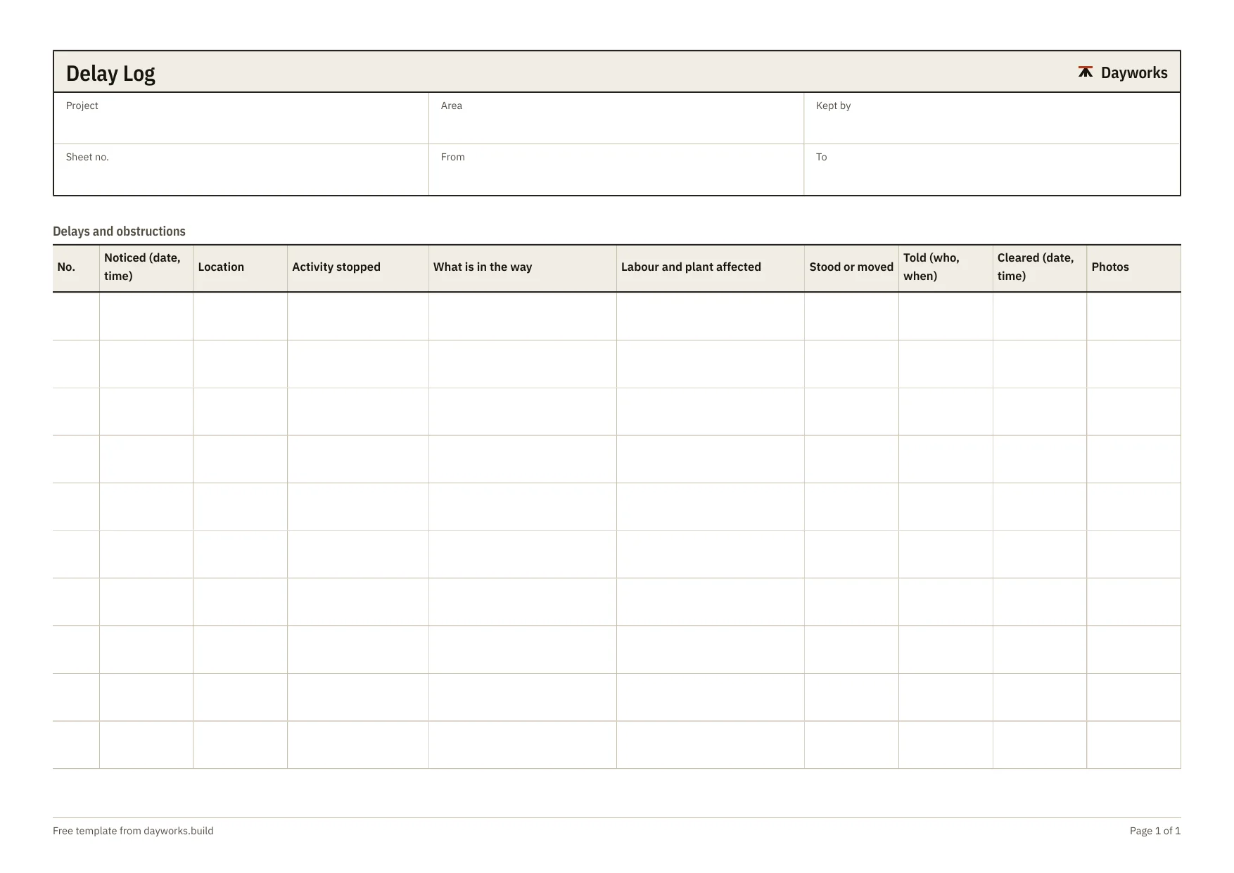 The blank delay log template.