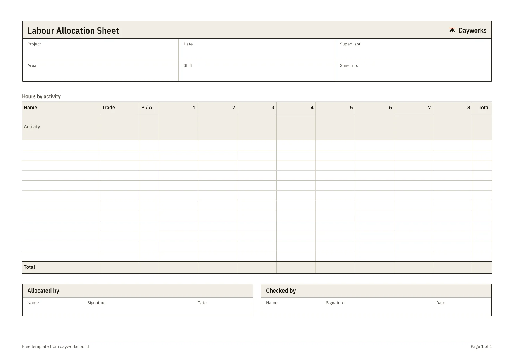 The blank labour allocation sheet template.
