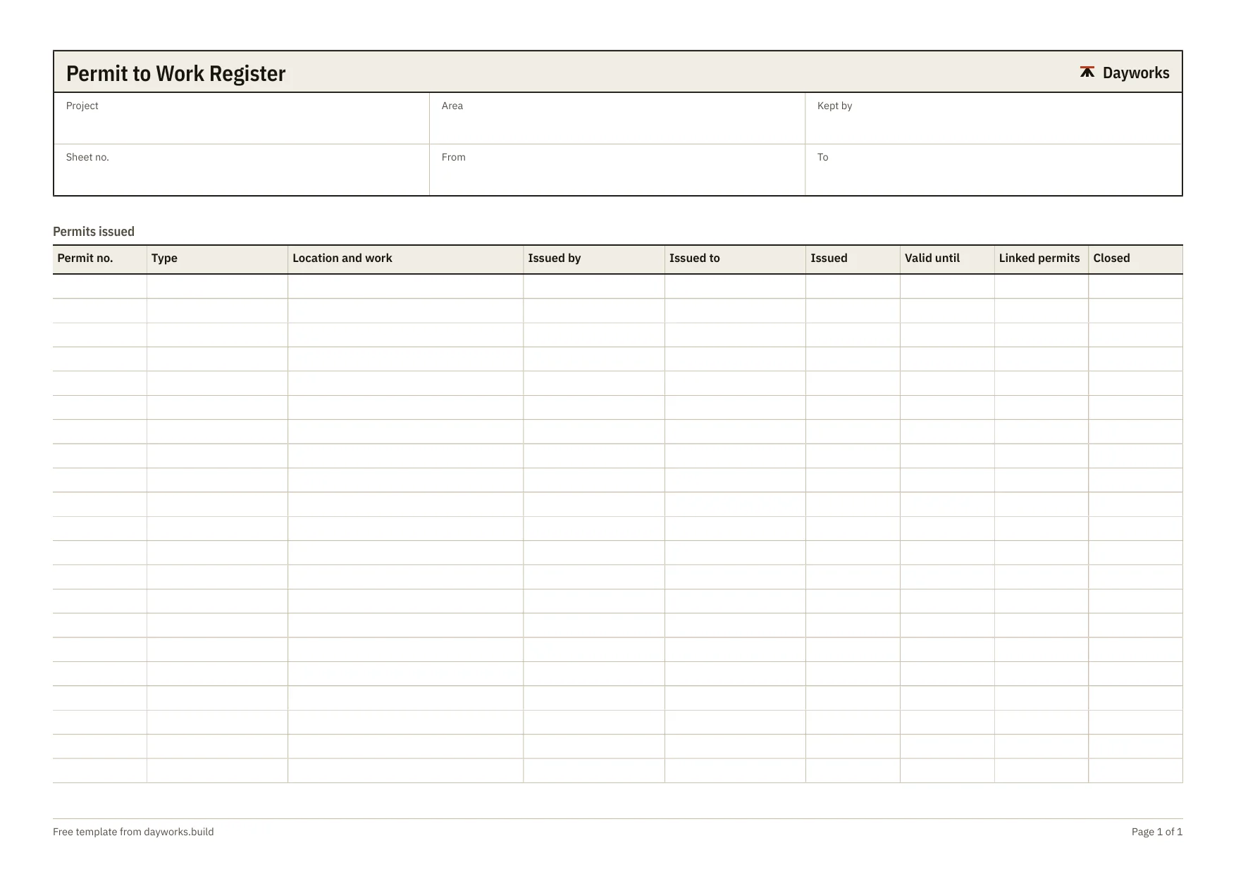 The blank permit to work register template.