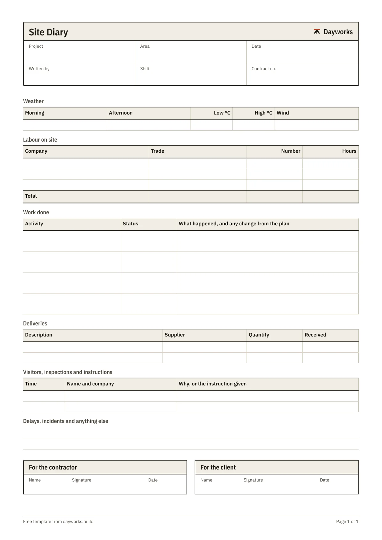 The blank site diary template.