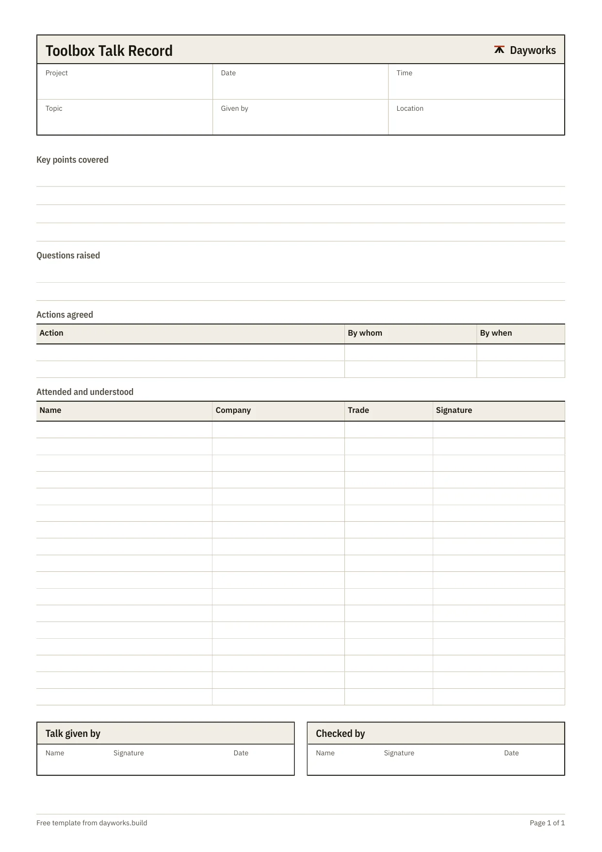 The blank toolbox talk record template.